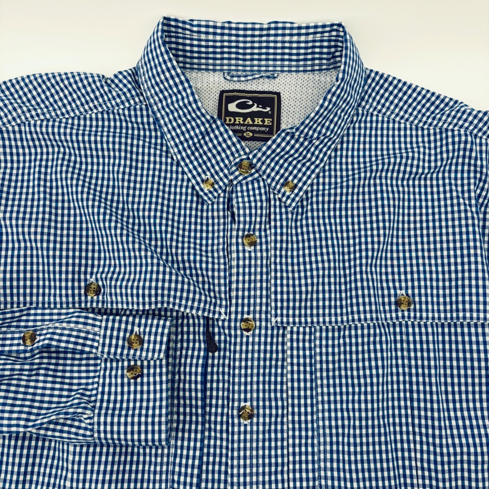 Drake Waterfowl Shirt Mens XL Fishing Blue Gingham Check Vented Wingshooter